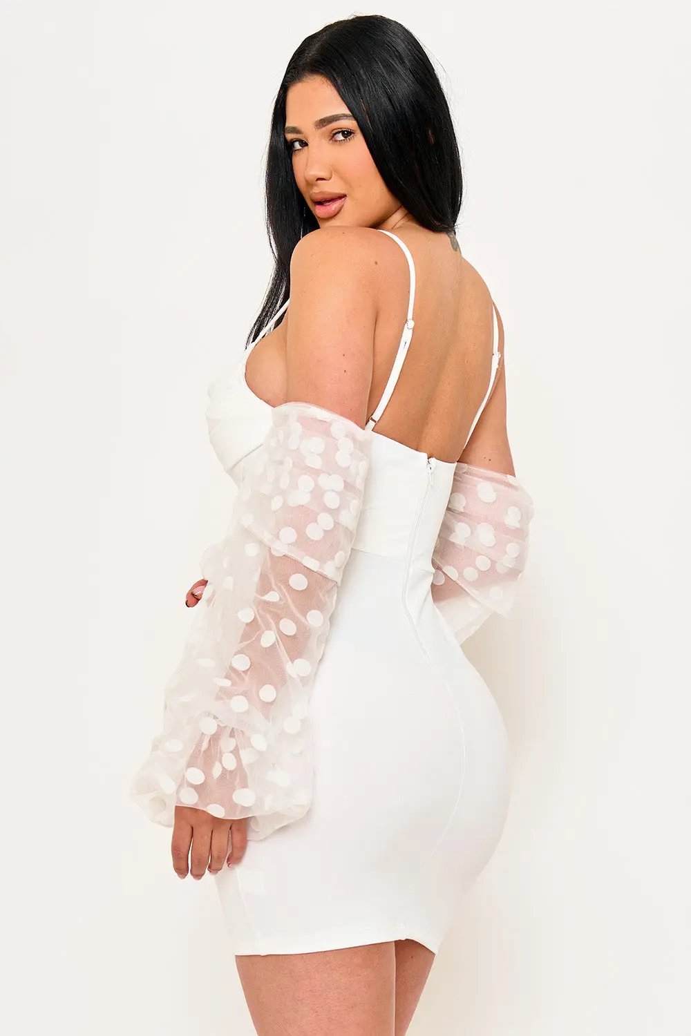 Polkadot Mini Dress - Mesh Balloon Sleeve Long Sleeve Party Dress BOUTINIE