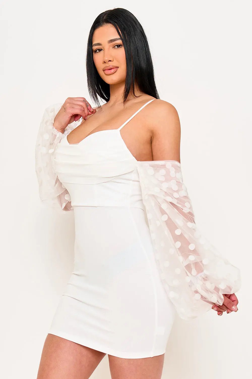 Polkadot Mini Dress - Mesh Balloon Sleeve Long Sleeve Party Dress BOUTINIE