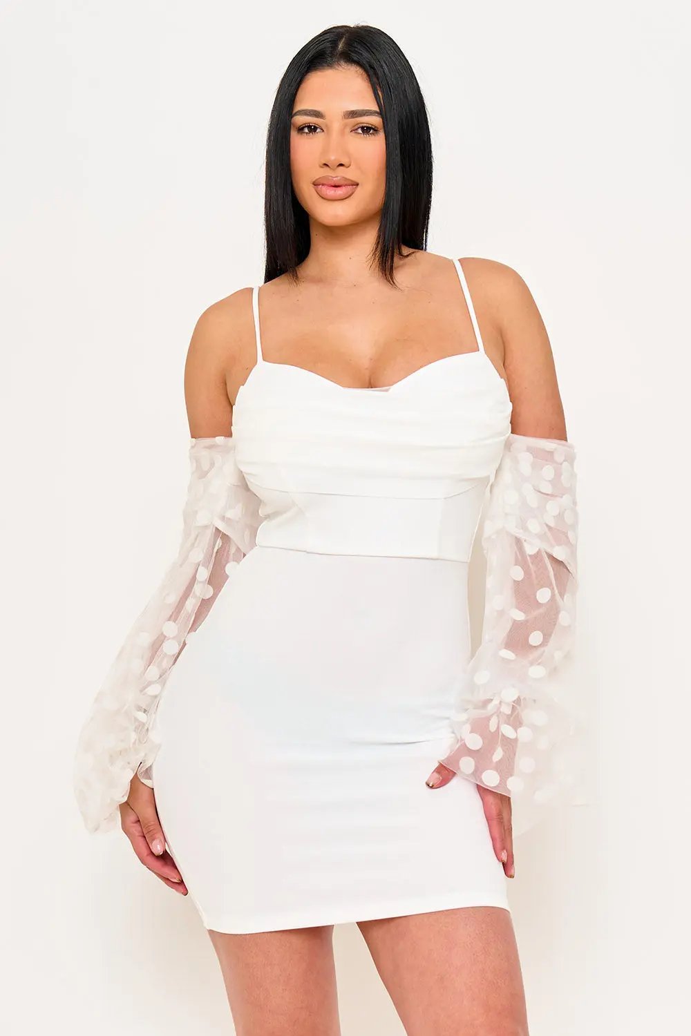 Polkadot Mini Dress - Mesh Balloon Sleeve Long Sleeve Party Dress BOUTINIE