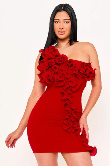 One Shoulder Mini Dress – Pleated Ruffle Detail & Side Zipper Closure BOUTINIE