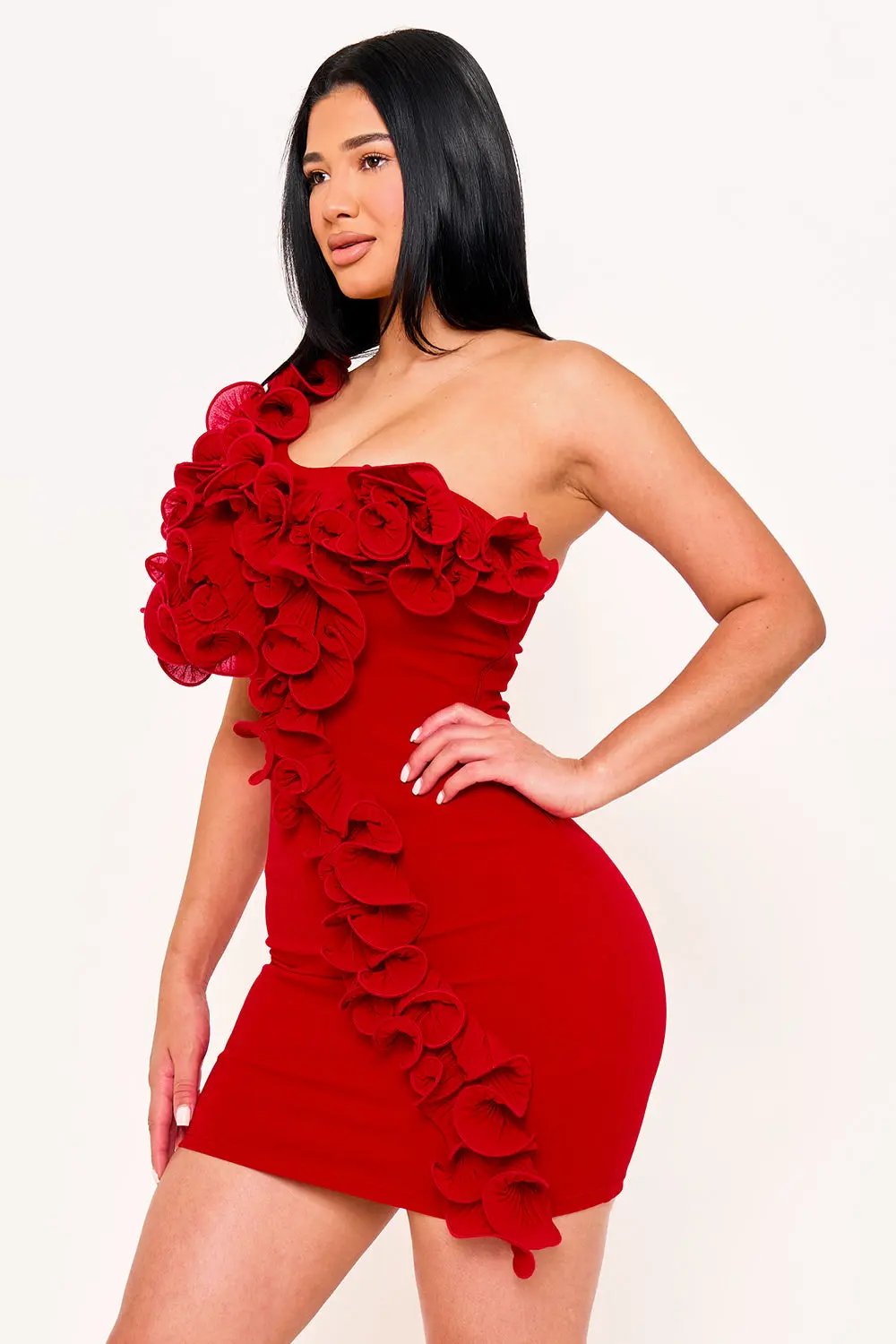 One Shoulder Mini Dress – Pleated Ruffle Detail & Side Zipper Closure BOUTINIE