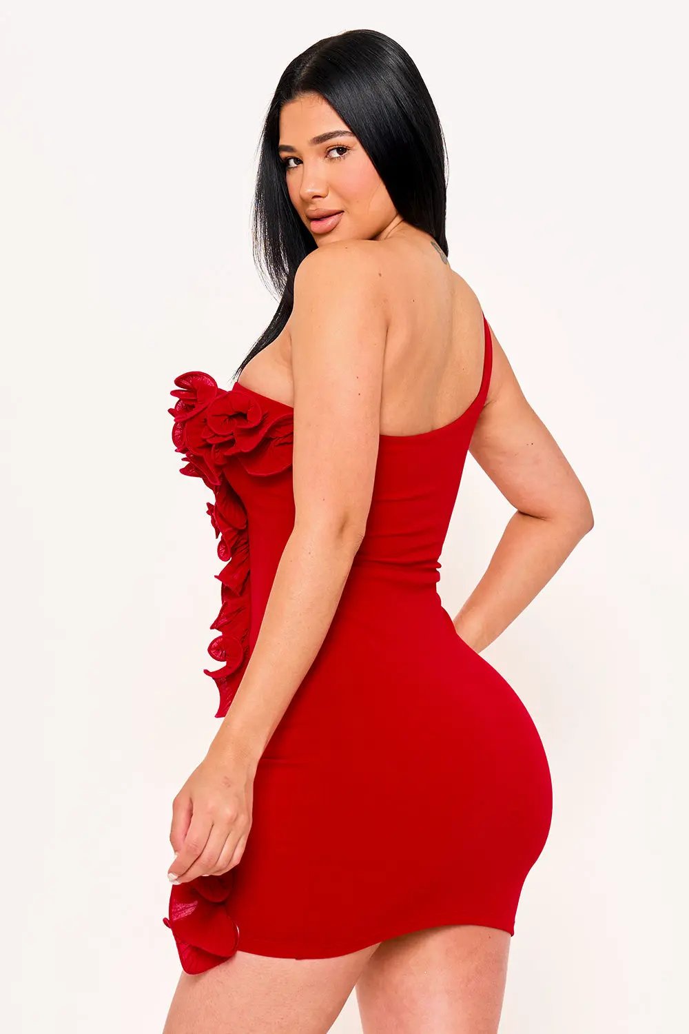 One Shoulder Mini Dress – Pleated Ruffle Detail & Side Zipper Closure BOUTINIE