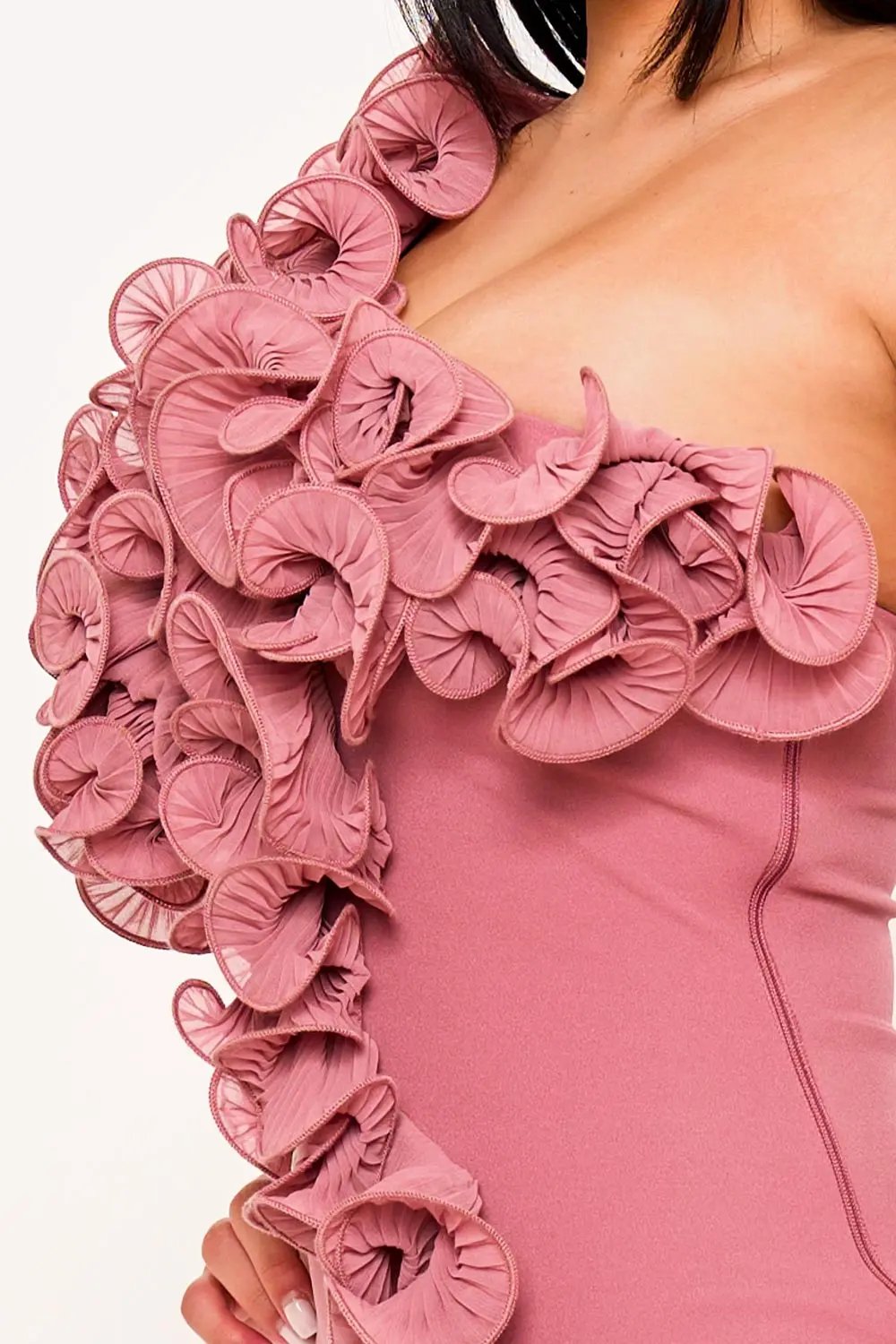 One Shoulder Mini Dress – Pleated Ruffle Detail & Side Zipper Closure BOUTINIE