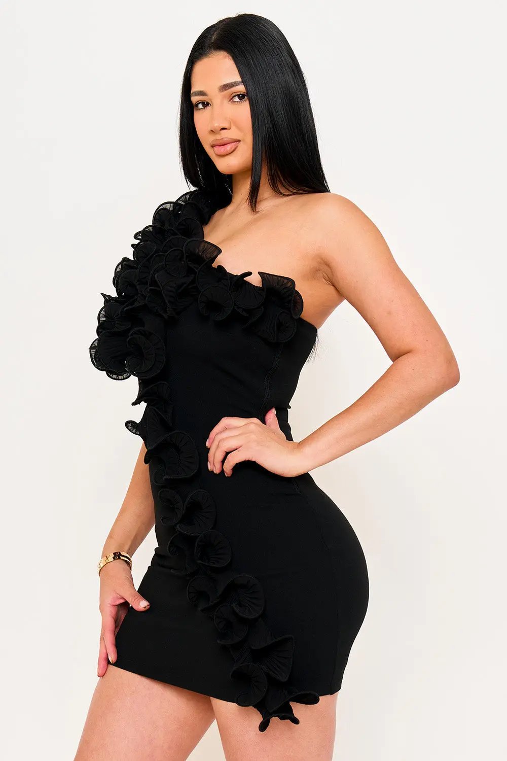 One Shoulder Mini Dress – Pleated Ruffle Detail & Side Zipper Closure BOUTINIE