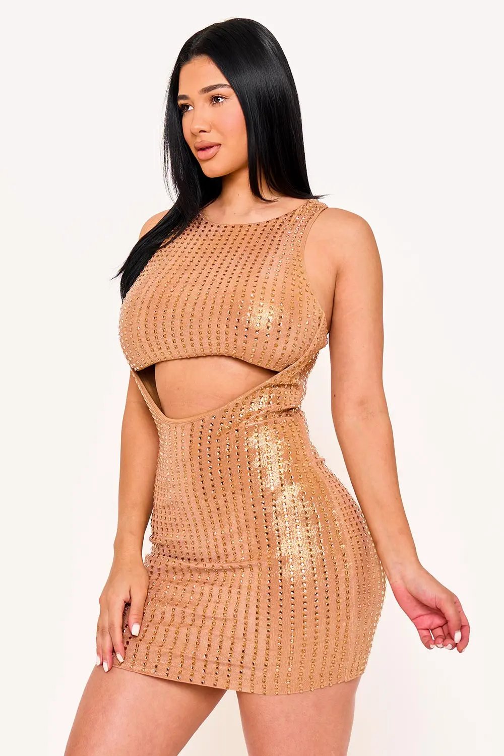 Rhinestone Crop Top Dress – Slinky Foil Mini With Cutout Stomach BOUTINIE