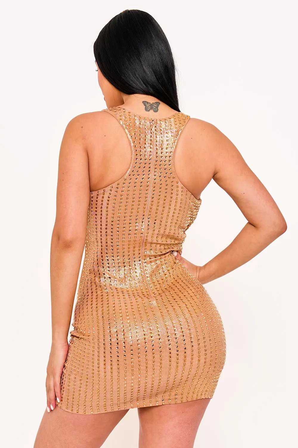 Rhinestone Crop Top Dress – Slinky Foil Mini With Cutout Stomach BOUTINIE