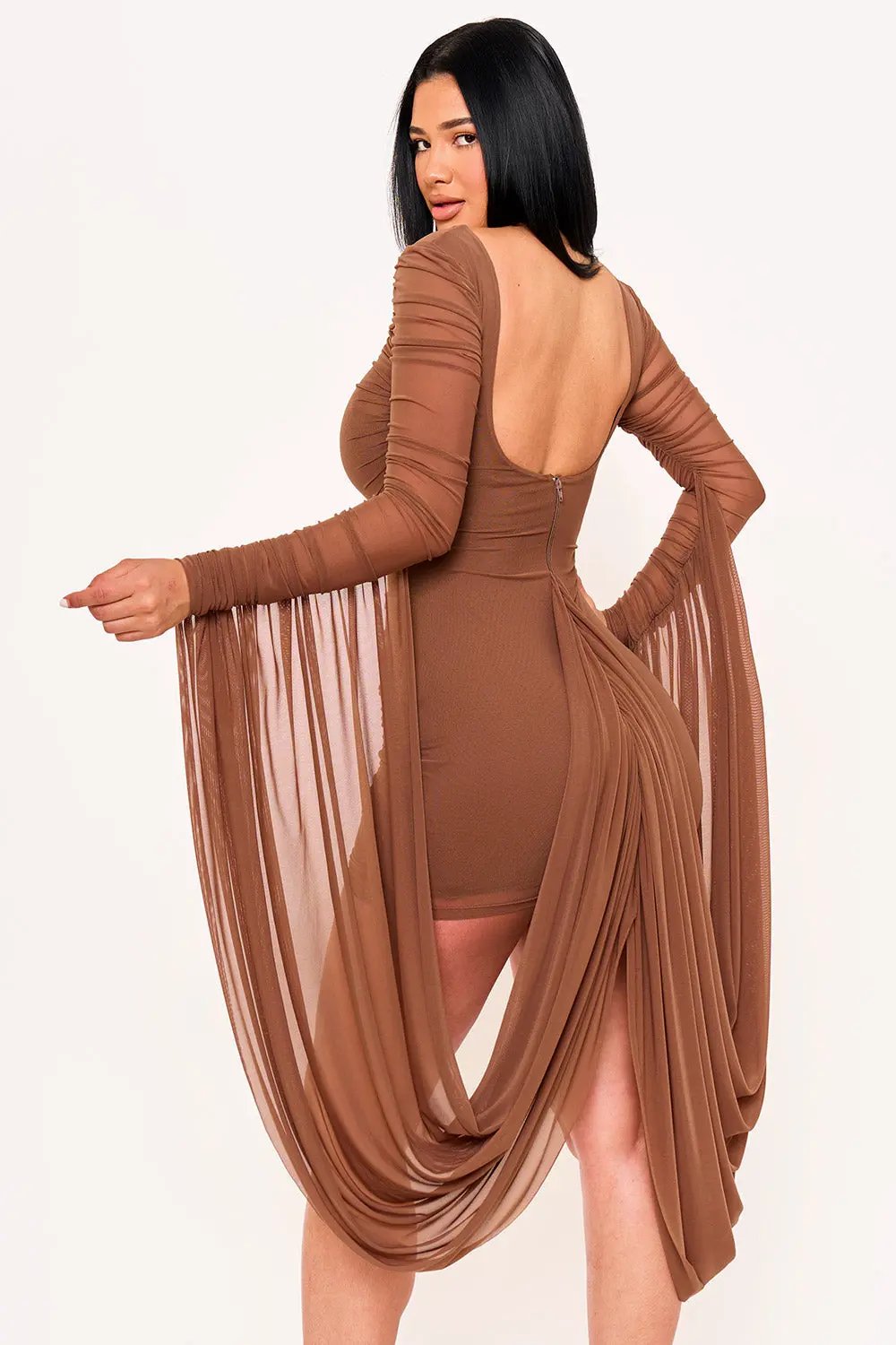 Shirring Back Mini Dress | Draped Round Neck Evening Wear BOUTINIE