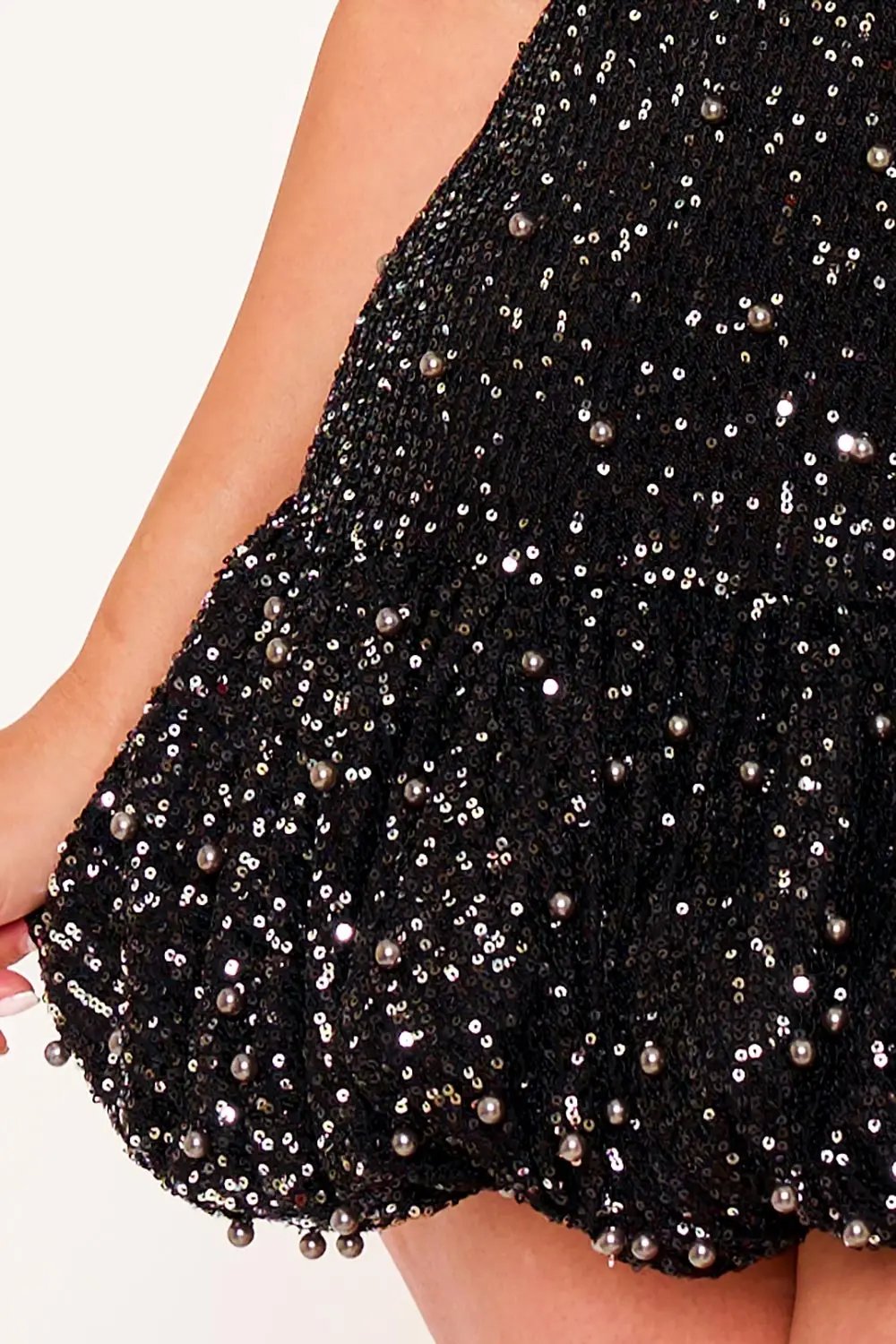 Pearl Beaded Mini Dress - Balloon Bottom Party Dress With Adjustable Strap BOUTINIE