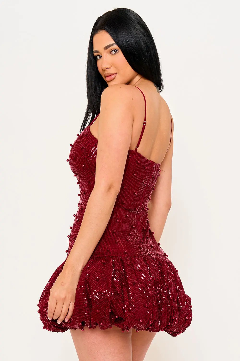 Pearl Beaded Mini Dress - Balloon Bottom Party Dress With Adjustable Strap BOUTINIE