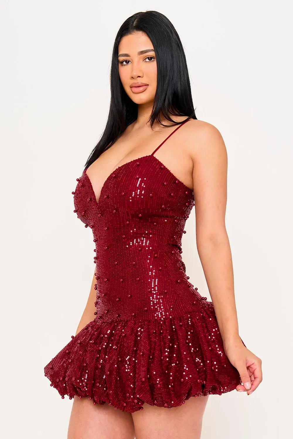 Pearl Beaded Mini Dress - Balloon Bottom Party Dress With Adjustable Strap BOUTINIE