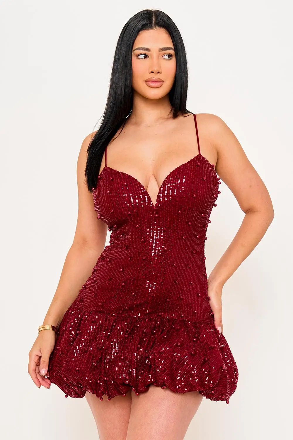 Pearl Beaded Mini Dress - Balloon Bottom Party Dress With Adjustable Strap BOUTINIE