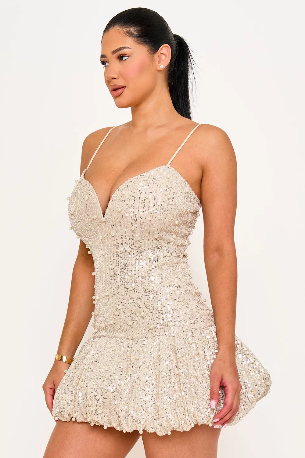 Pearl Beaded Mini Dress - Balloon Bottom Party Dress With Adjustable Strap BOUTINIE