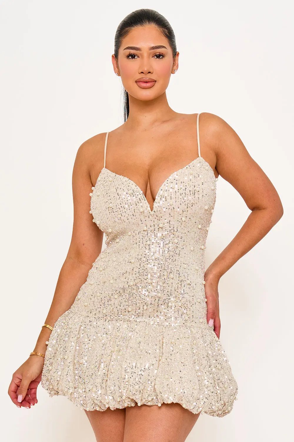 Pearl Beaded Mini Dress - Balloon Bottom Party Dress With Adjustable Strap BOUTINIE