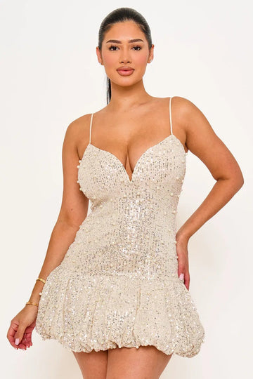 Pearl Beaded Mini Dress - Balloon Bottom Party Dress With Adjustable Strap BOUTINIE