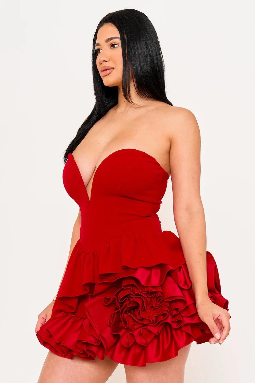 Ruffle Mini Dress – Layered Party Wear With Sweetheart Neckline BOUTINIE