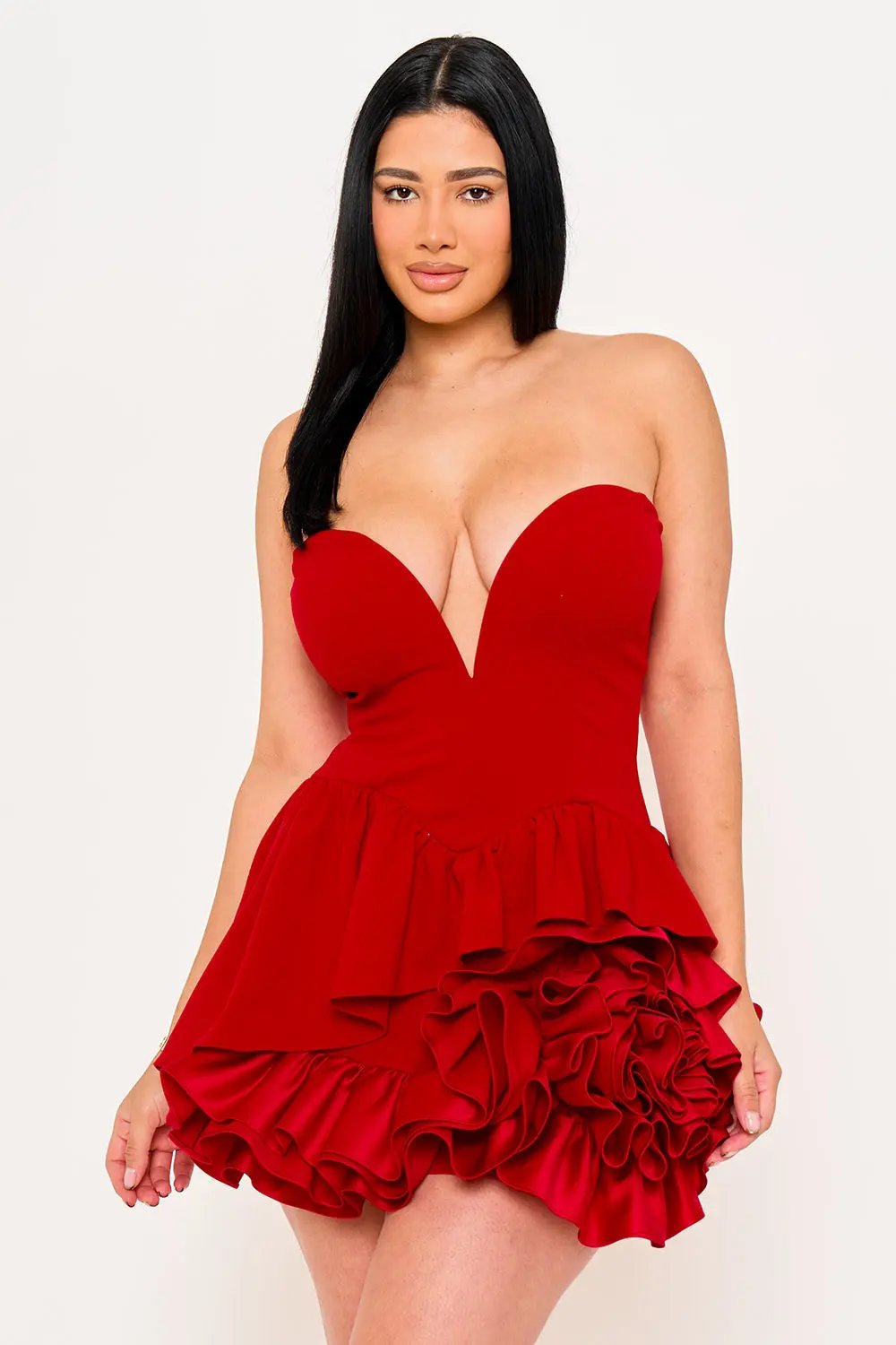 Ruffle Mini Dress – Layered Party Wear With Sweetheart Neckline BOUTINIE