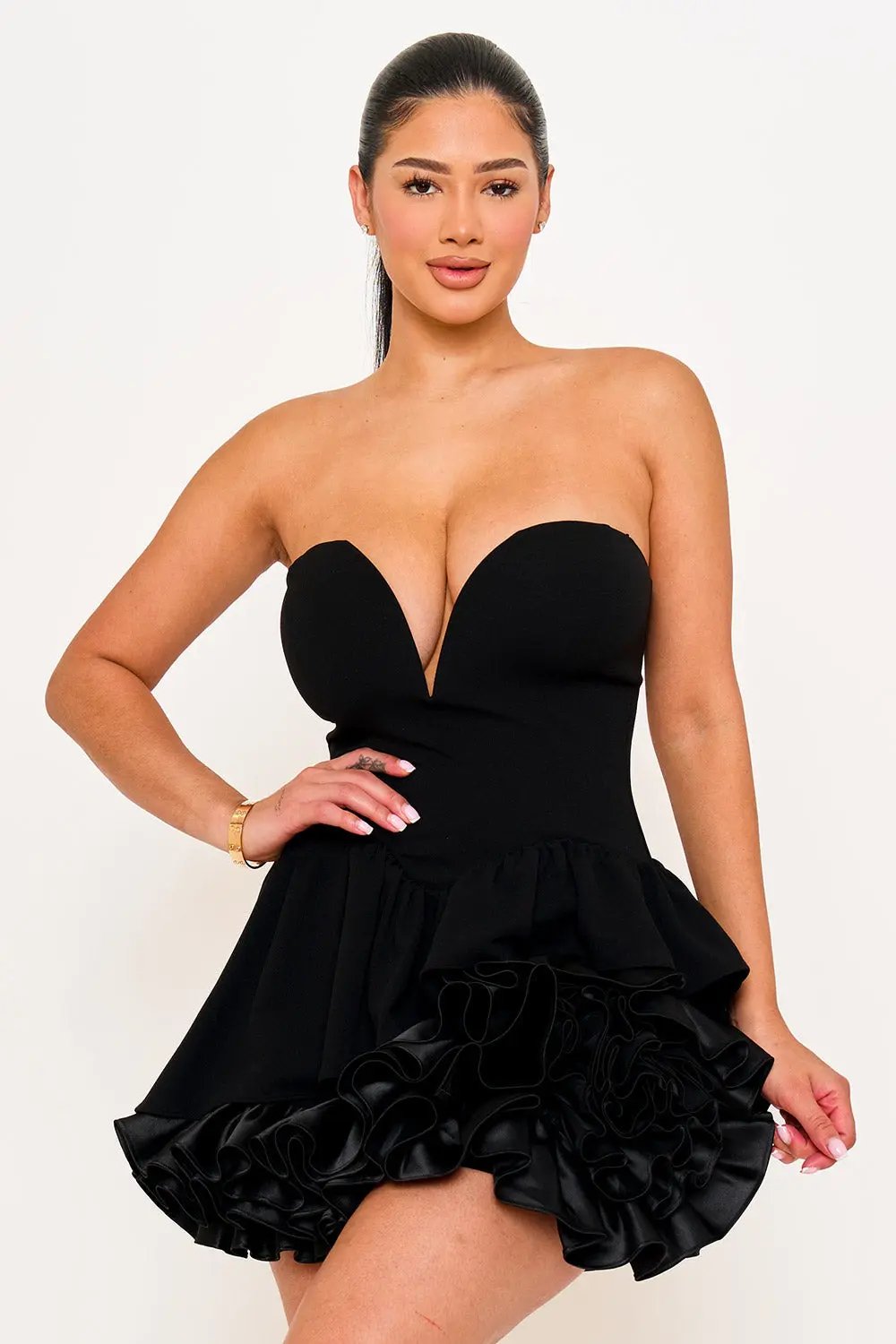 Ruffle Mini Dress – Layered Party Wear With Sweetheart Neckline BOUTINIE