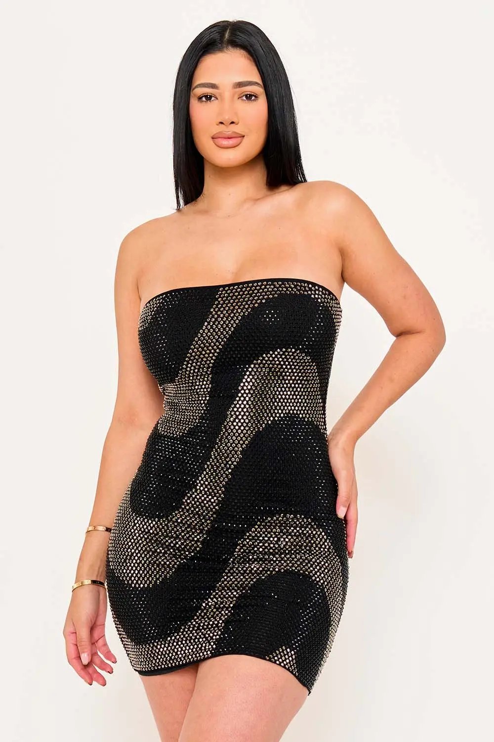 Rhinestone Tube Top Dress – Swirl Patterned Mini With Zipper & Hook Closure BOUTINIE