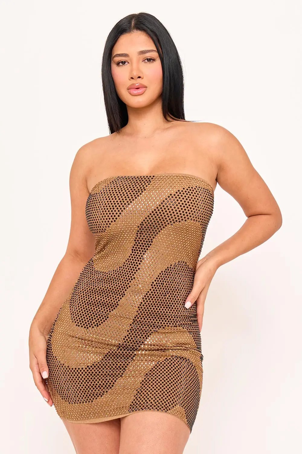 Rhinestone Tube Top Dress – Swirl Patterned Mini With Zipper & Hook Closure BOUTINIE