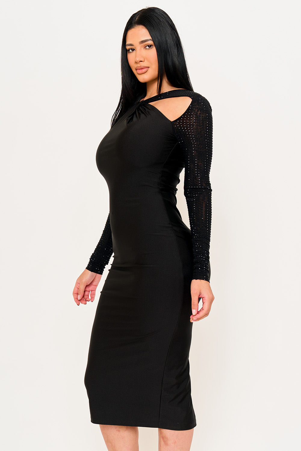 Sd2148hp - Rhinestone On Mesh Sleeve Satin Midi Dress SymphonyUSA Wholesale