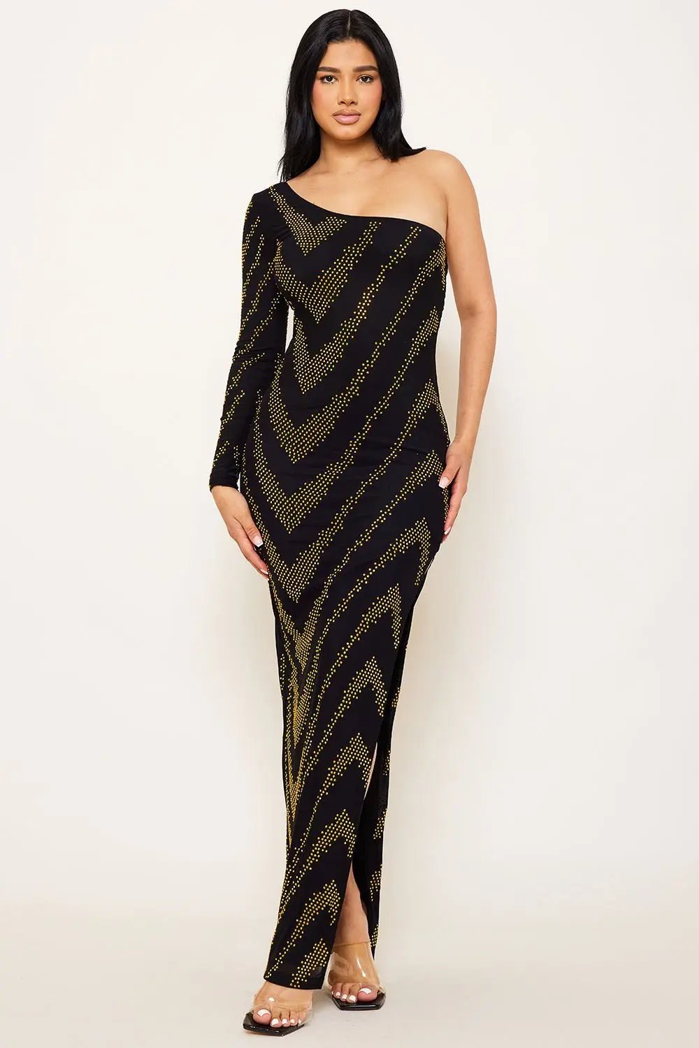 One Shoulder Maxi Dress – Patterned Rhinestone Evening Gown BOUTINIE