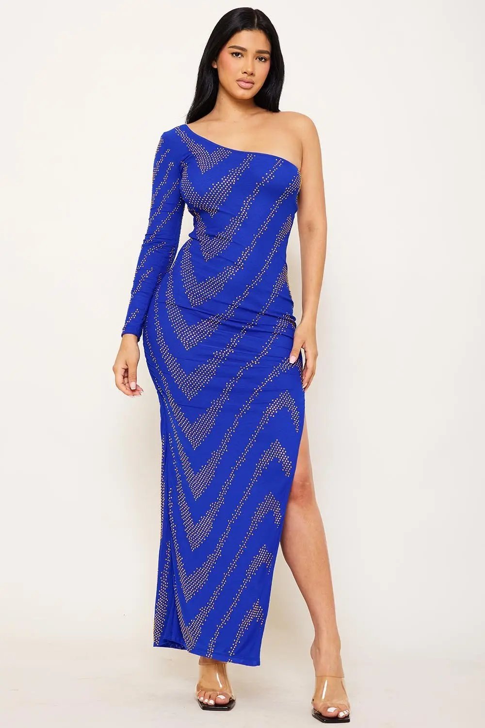 One Shoulder Maxi Dress – Patterned Rhinestone Evening Gown BOUTINIE