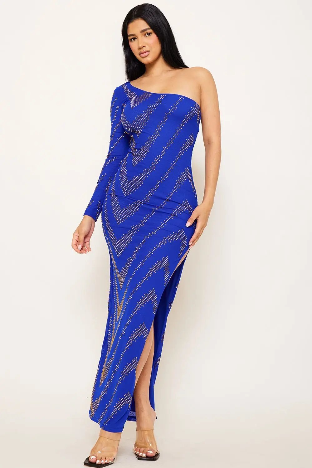 One Shoulder Maxi Dress – Patterned Rhinestone Evening Gown BOUTINIE