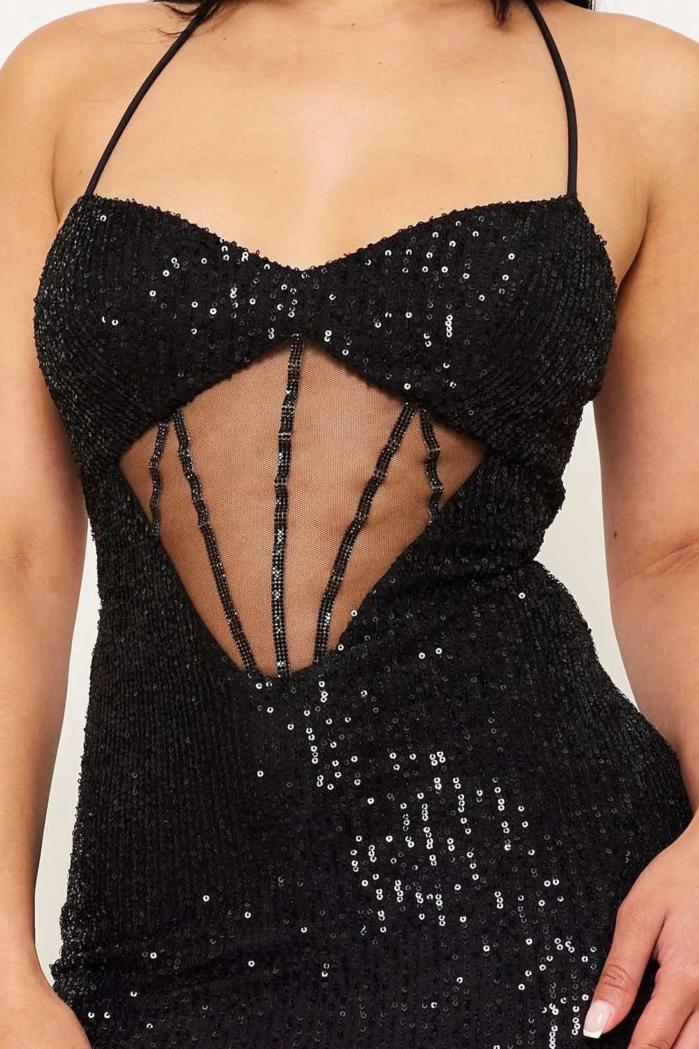 Sequin Mesh Maxi Dress – Sweetheart Neckline & Left Slit Formal Occasion Wear BOUTINIE