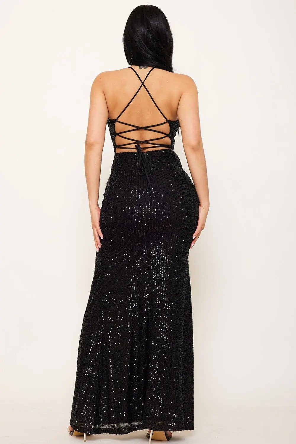 Sequin Mesh Maxi Dress – Sweetheart Neckline & Left Slit Formal Occasion Wear BOUTINIE
