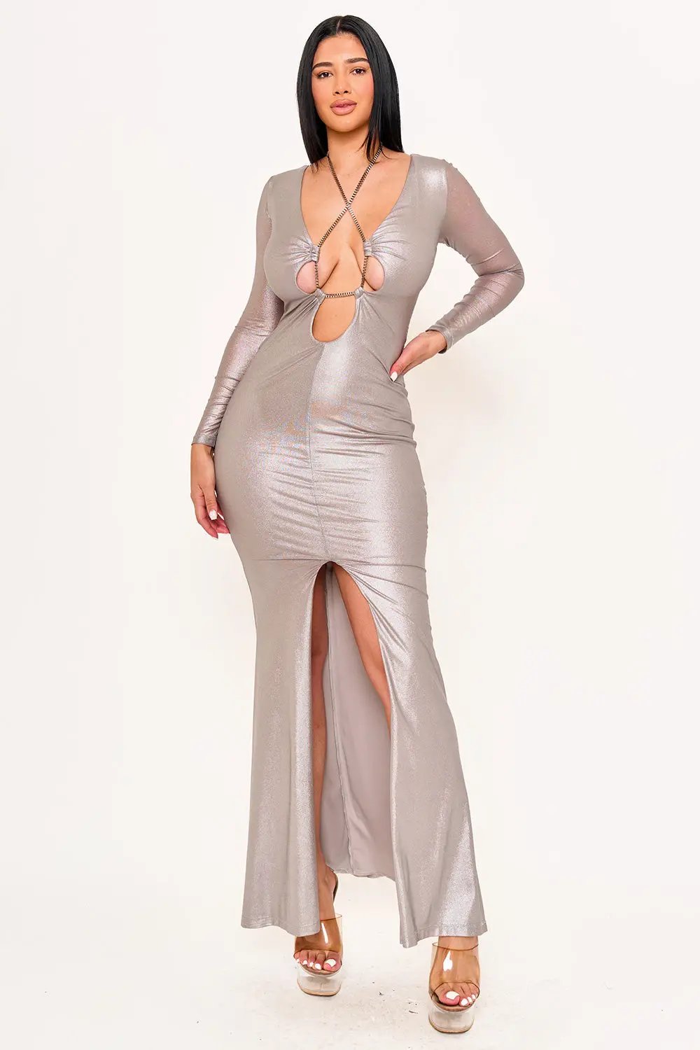 Metal Rhinestone Maxi Dress - Pleated Mesh Gown With Adjustable Straps BOUTINIE
