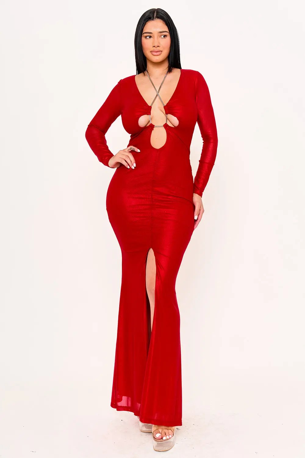 Metal Rhinestone Maxi Dress - Pleated Mesh Gown With Adjustable Straps BOUTINIE