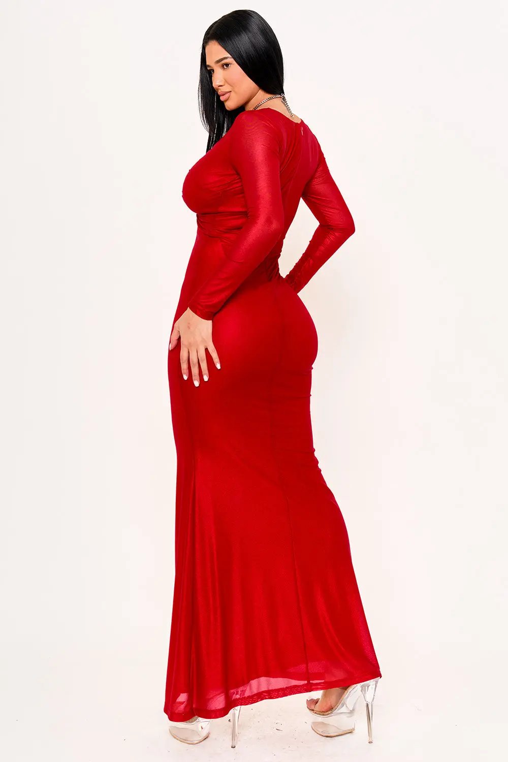 Metal Rhinestone Maxi Dress - Pleated Mesh Gown With Adjustable Straps BOUTINIE