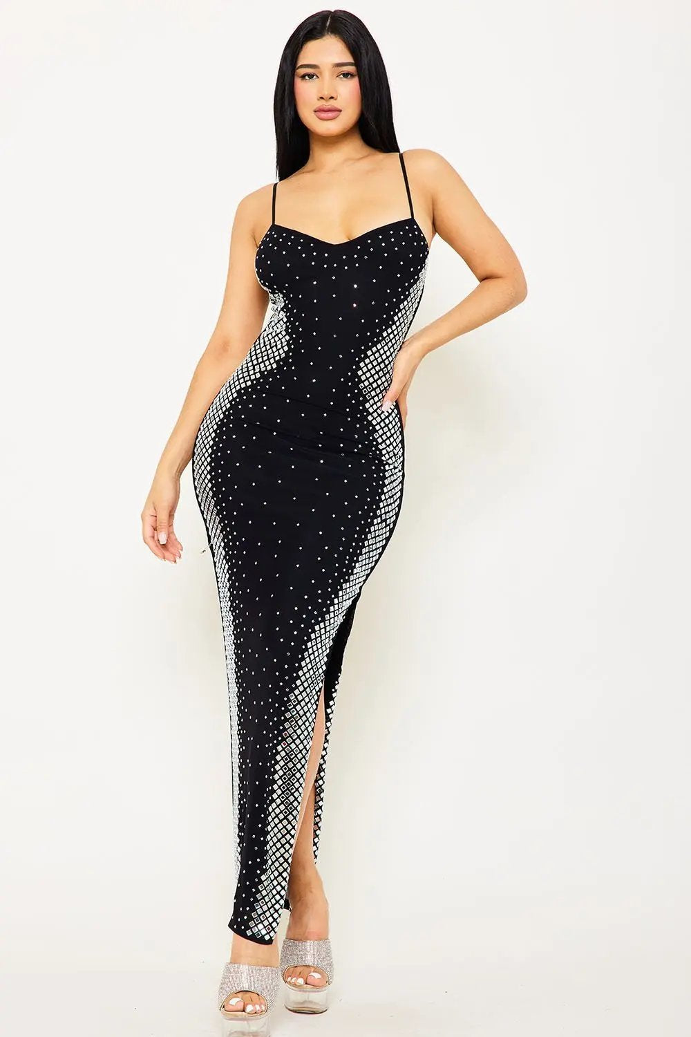 Rhinestone Maxi Dress - Adjustable Strap Evening Gown With Slit BOUTINIE