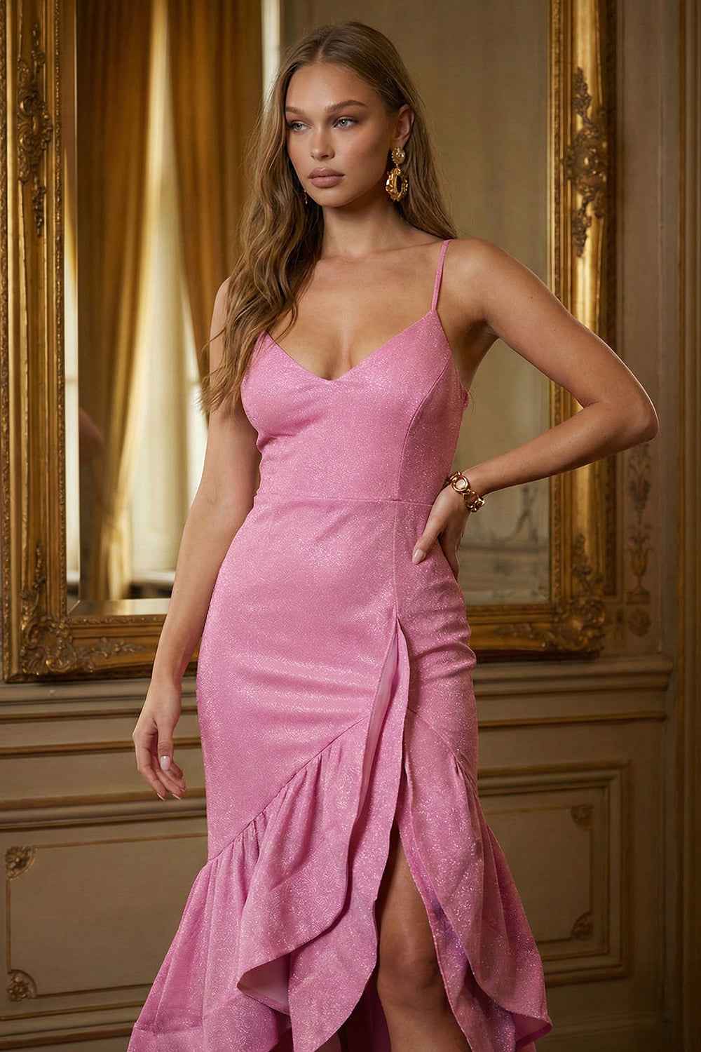 Glittered Ruffle Layer Bottom Maxi Dress