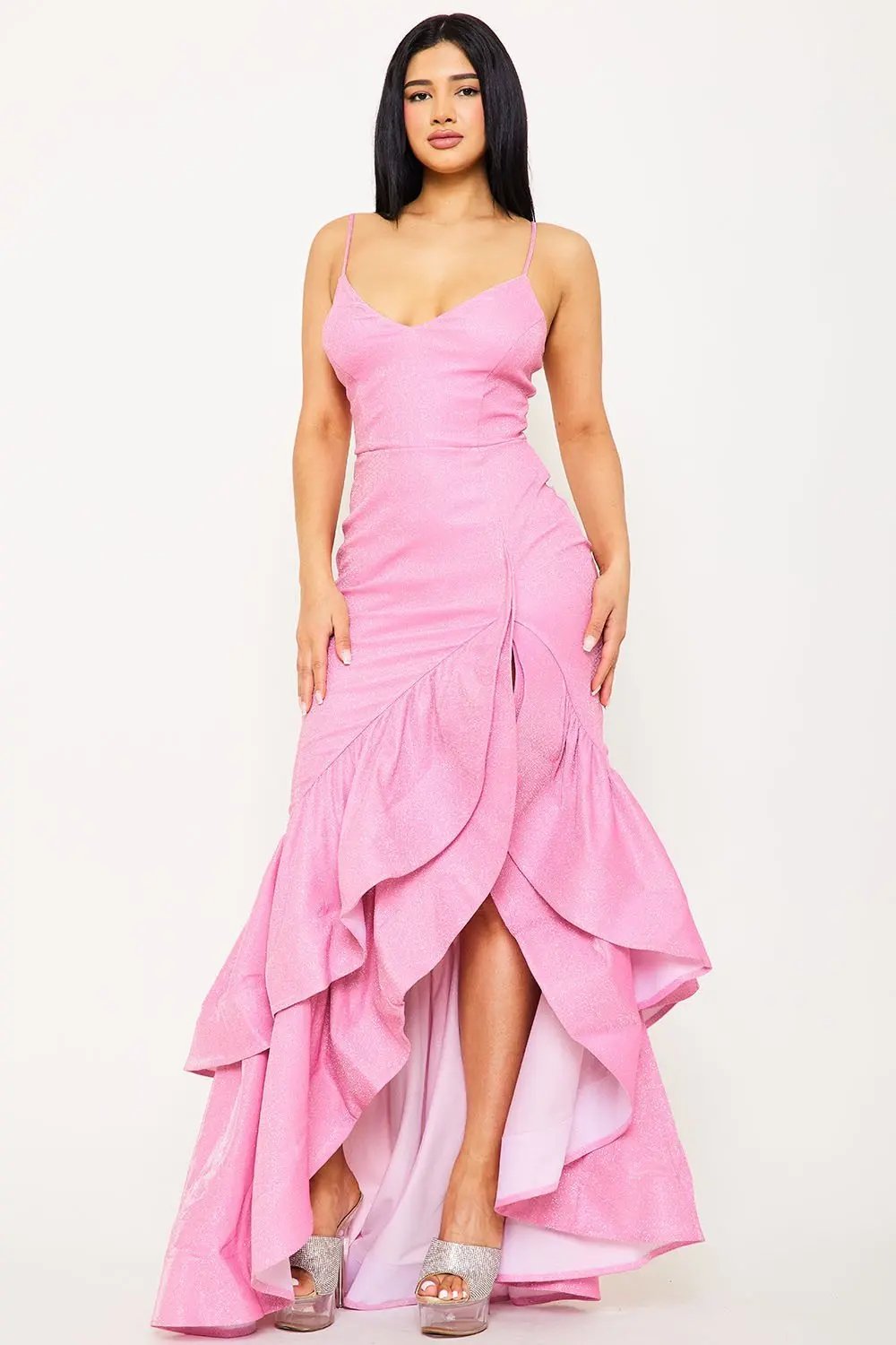 Glittered Ruffle Maxi Dress - Asymmetric Hem Layered Gown BOUTINIE
