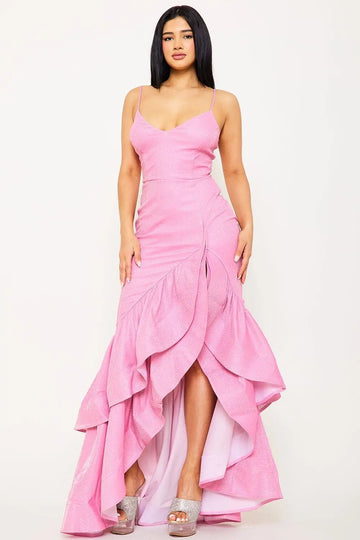 Glittered Ruffle Maxi Dress - Asymmetric Hem Layered Gown BOUTINIE