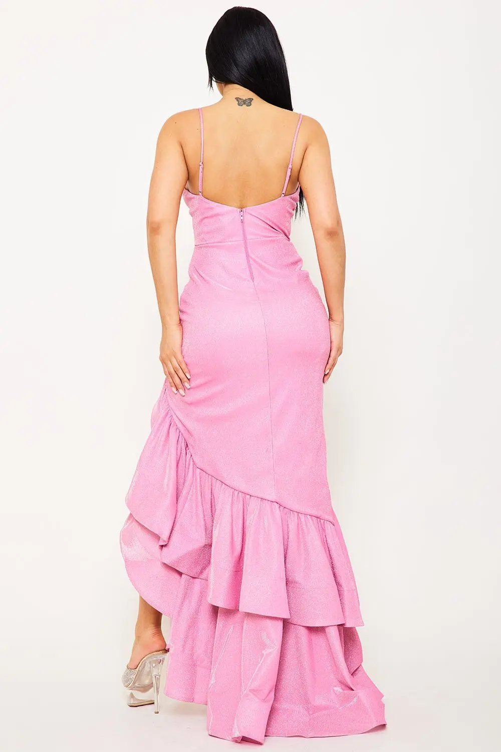 Glittered Ruffle Maxi Dress - Asymmetric Hem Layered Gown BOUTINIE