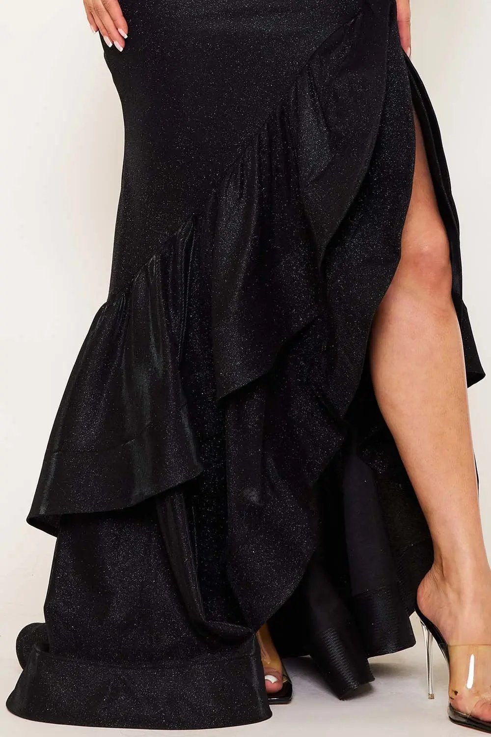 Glittered Ruffle Maxi Dress - Asymmetric Hem Layered Gown BOUTINIE