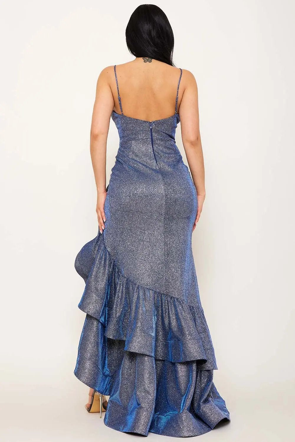 Glittered Ruffle Maxi Dress - Asymmetric Hem Layered Gown BOUTINIE