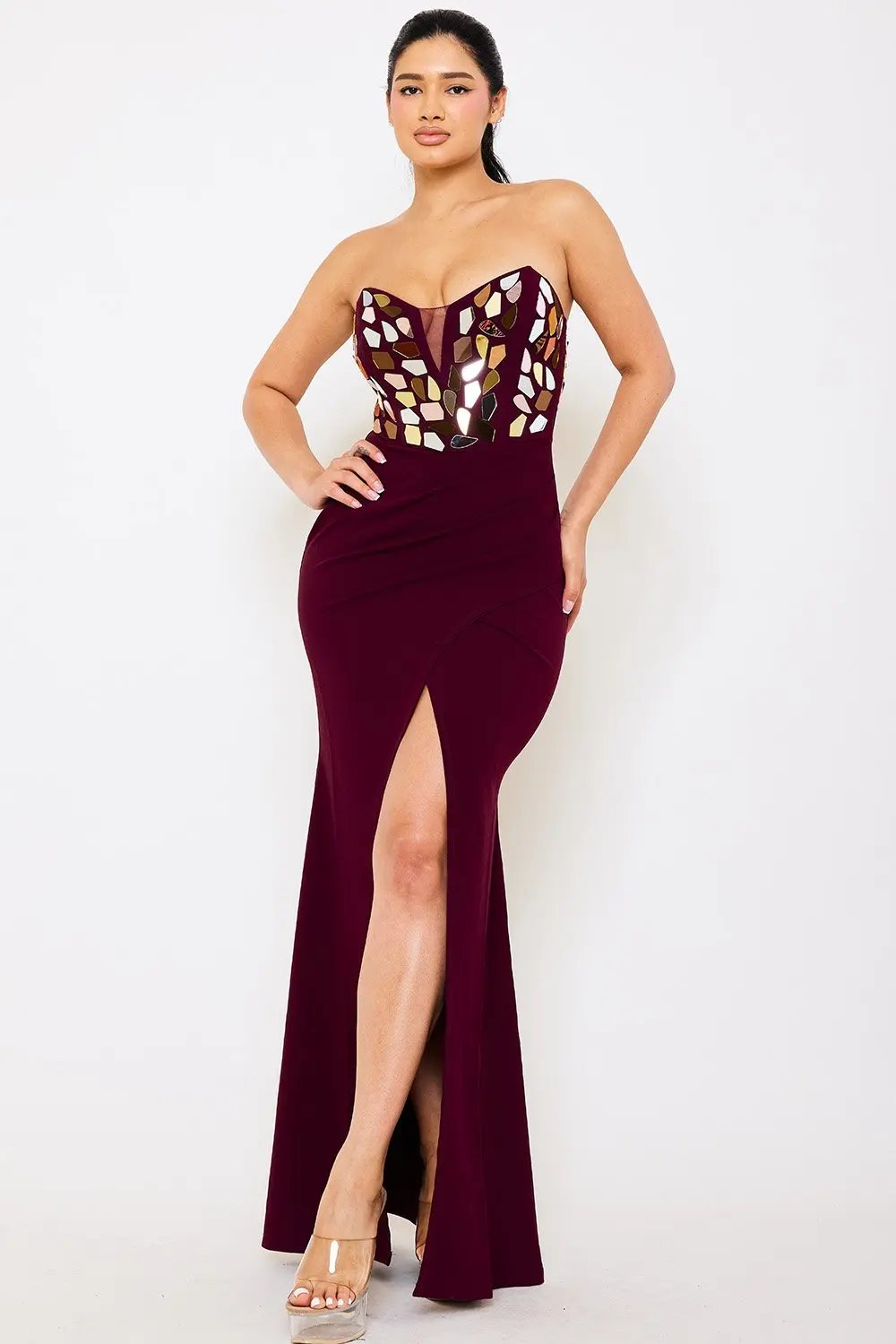 Tube Top Maxi Dress - Pleated Mesh Sweetheart Neck Gown BOUTINIE