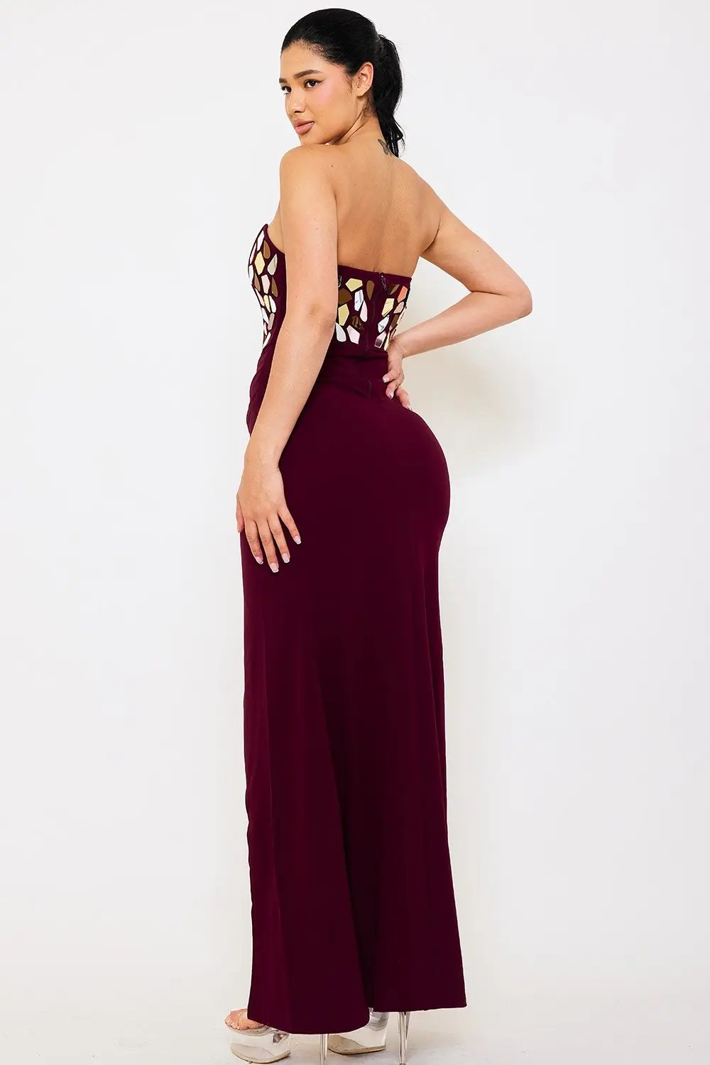 Tube Top Maxi Dress - Pleated Mesh Sweetheart Neck Gown BOUTINIE