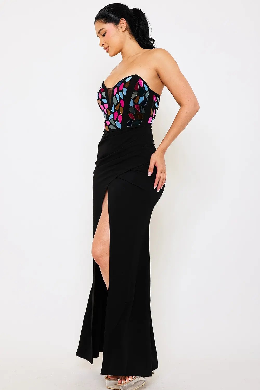 Tube Top Maxi Dress - Pleated Mesh Sweetheart Neck Gown BOUTINIE