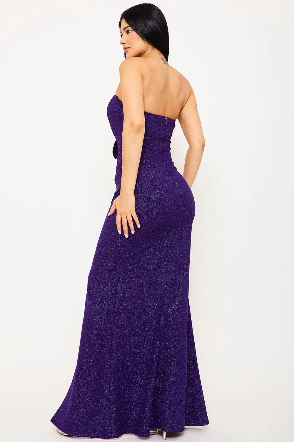 Rhinestone Bow Maxi Dress - Glittered Pleated Gown With Mesh Detail BOUTINIE