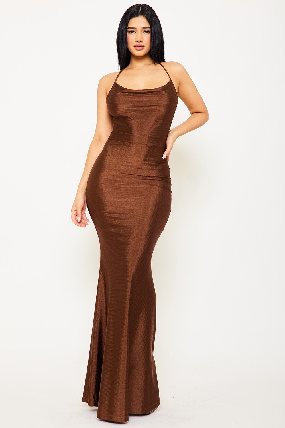 Brown sleeveless cowl neck maxi dress in shimmering fabric with a fitted mermaid silhouette for formal events.