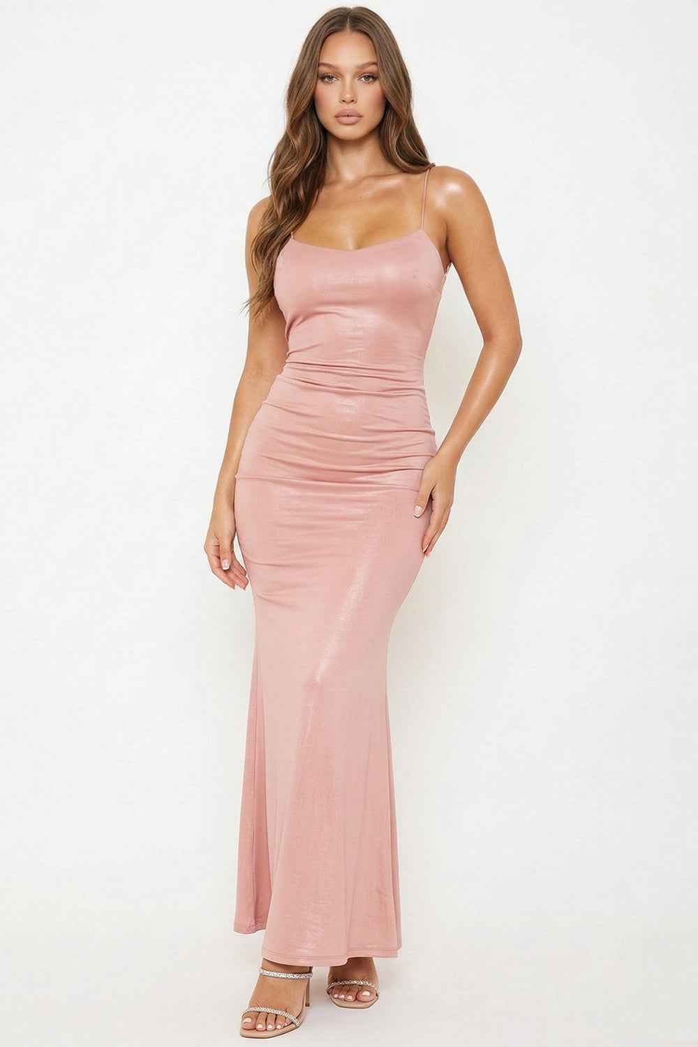 Foil Open Back With Ruffle Trail Maxi Dress