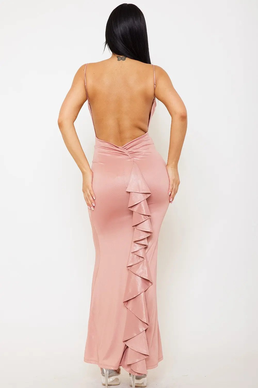 Foil Ruffle Maxi Dress – Open Back Spaghetti Strap Evening Gown BOUTINIE