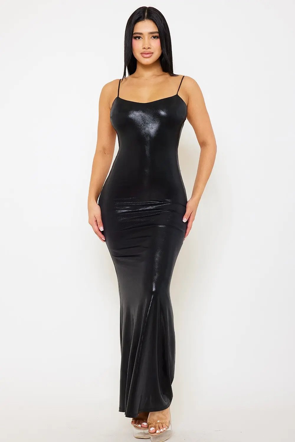 Foil Ruffle Maxi Dress – Open Back Spaghetti Strap Evening Gown BOUTINIE