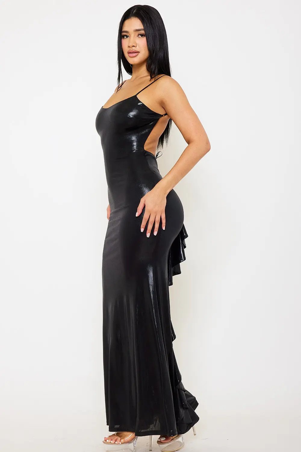 Foil Ruffle Maxi Dress – Open Back Spaghetti Strap Evening Gown BOUTINIE