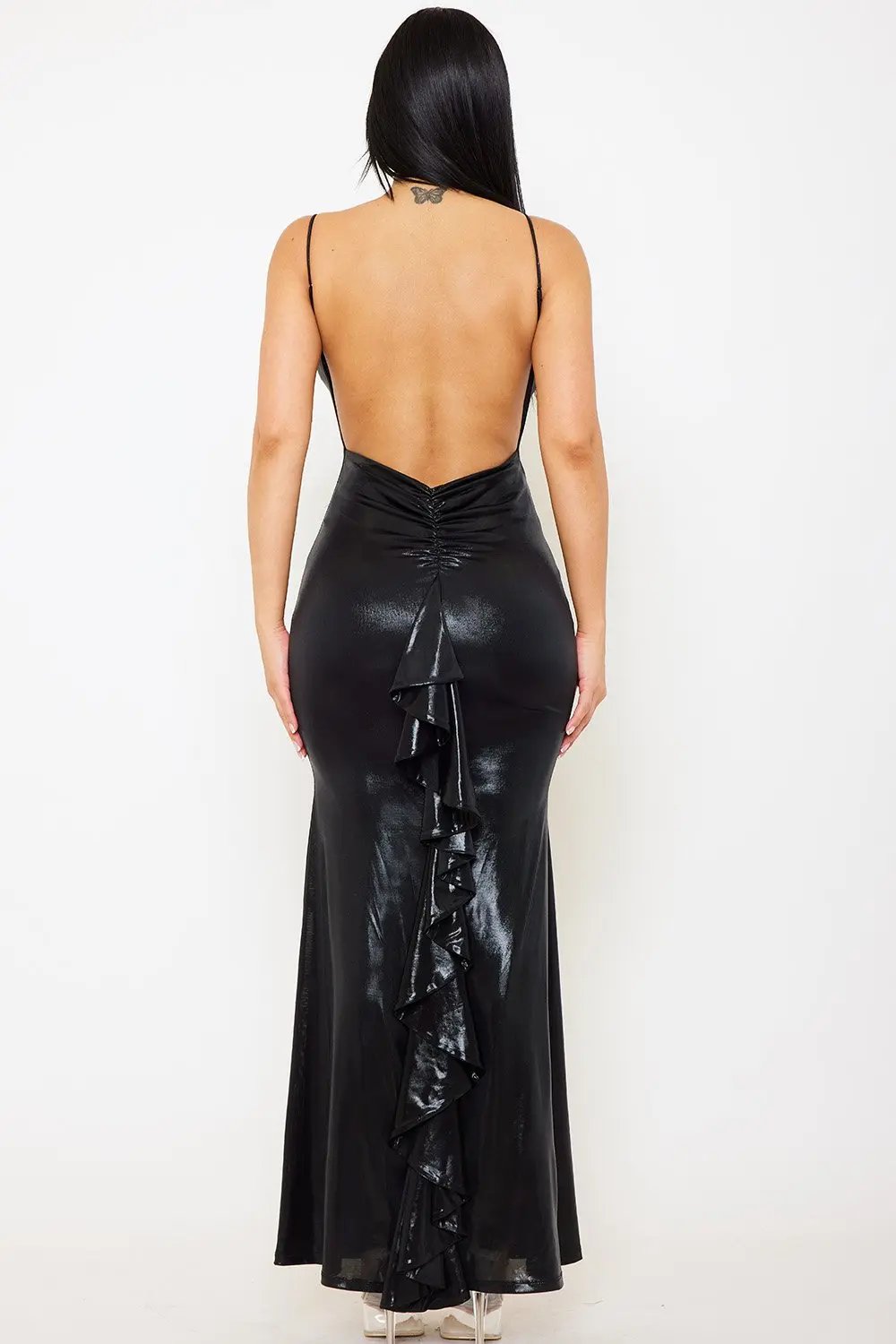 Foil Ruffle Maxi Dress – Open Back Spaghetti Strap Evening Gown BOUTINIE