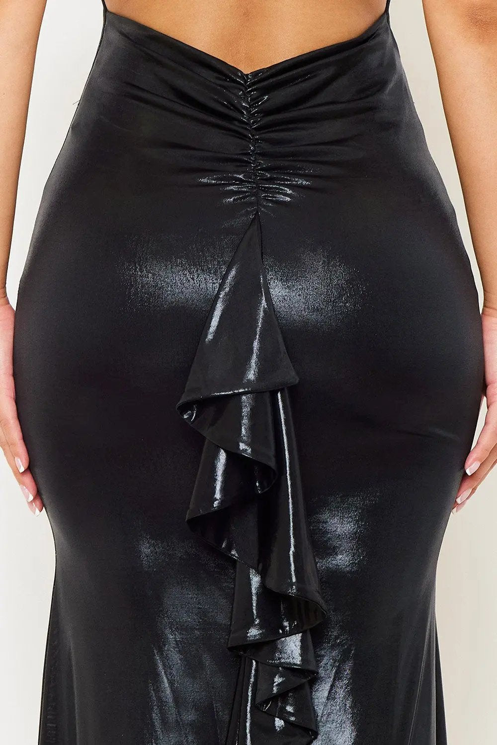 Foil Ruffle Maxi Dress – Open Back Spaghetti Strap Evening Gown BOUTINIE